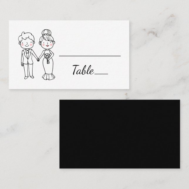 Cute Bride Groom Cartoon Black White Wedding  Place Card (Front/Back)