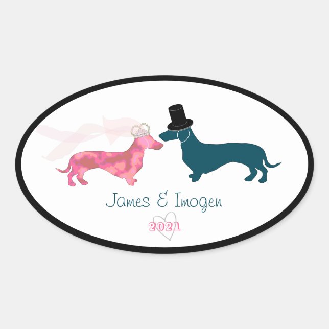 Cute Bride & Groom Dachshund Oval Sticker (Front)