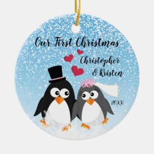 Cute Bride & Groom Penguins Our First Christmas Ceramic Tree Decoration