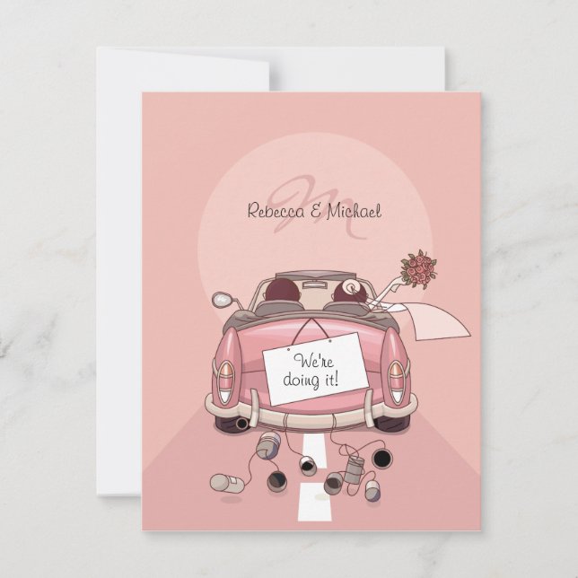 Cute Bride & Groom Pink Getaway Car Invitation (Front)