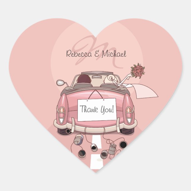 Cute Bride & Groom Pink Getaway Thank You Stickers (Front)