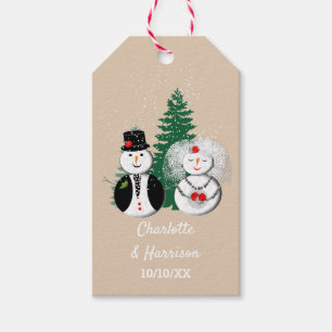 Cute Bride Groom Snow Man Red Black Plaid Gift Tags