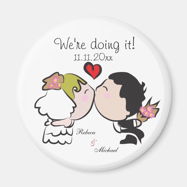 Cute Bride & Groom "we're doing it" Save the Date Magnet (Front)