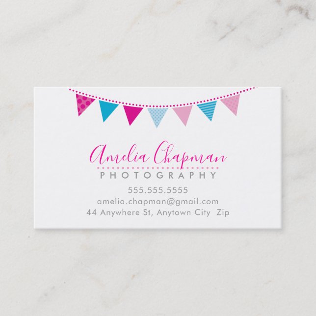 CUTE BRIGHT BUNTING bold party pink aqua blue Business Card (Front)