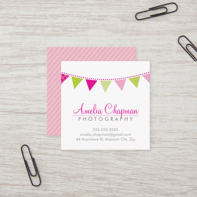 CUTE BRIGHT BUNTING bold party pink lime green Square Business Card (Front/Back In Situ)