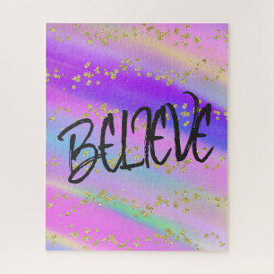 Cute Bright Colorful Believe Gold Glitter Jigsaw Puzzle