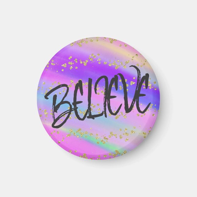 Cute Bright Colorful Believe Gold Glitter Magnet (Front)