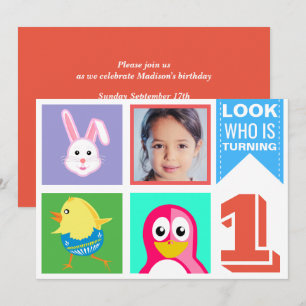Cute Bright Colourful Animals First Birthday Party Invitation