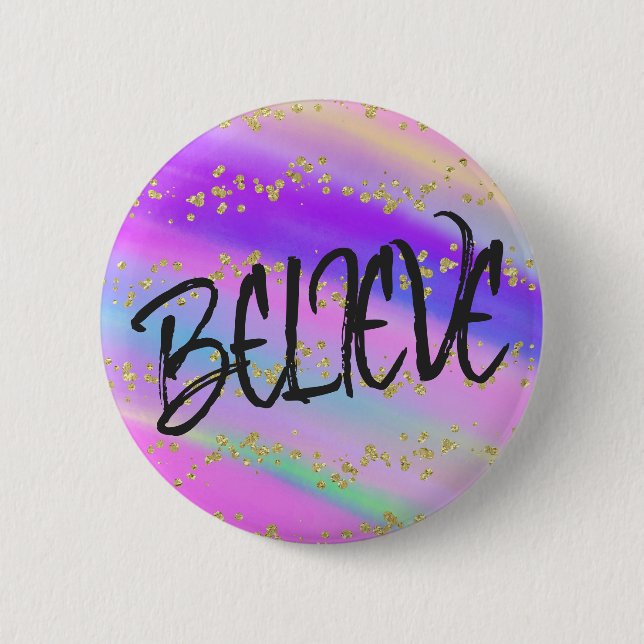 Cute Bright Colourful Believe Gold Glitter 6 Cm Round Badge (Front)