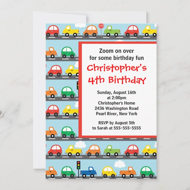 Cute Bright & Colourful Cars Birthday Party Invitation (Front)