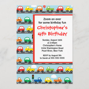 Cute Bright & Colourful Cars Birthday Party Invitation