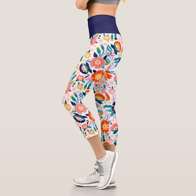 Cute Bright Colourful Floral Wildflower Capri Leggings (Left)
