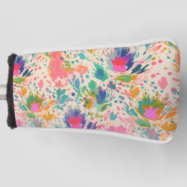 Cute Bright Colourful Messy Floral Pattern Golf Head Cover (Front)
