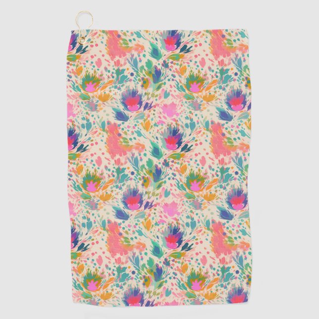 Cute Bright Colourful Messy Floral Pattern Golf Towel (Front)