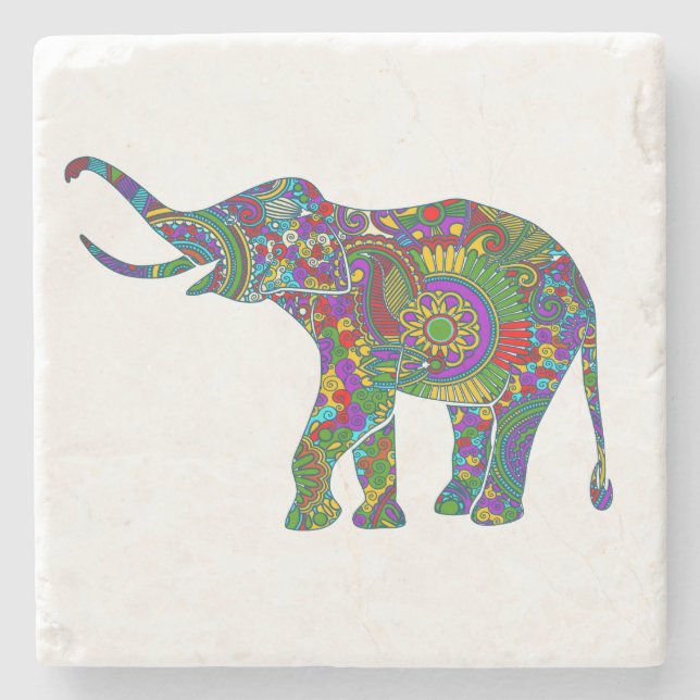 Cute Bright Colours Floral Elephant Illustration Stone Coaster (Front)