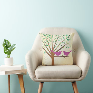 Cute Bright Colours Pink Green Modern Tree Birds Cushion