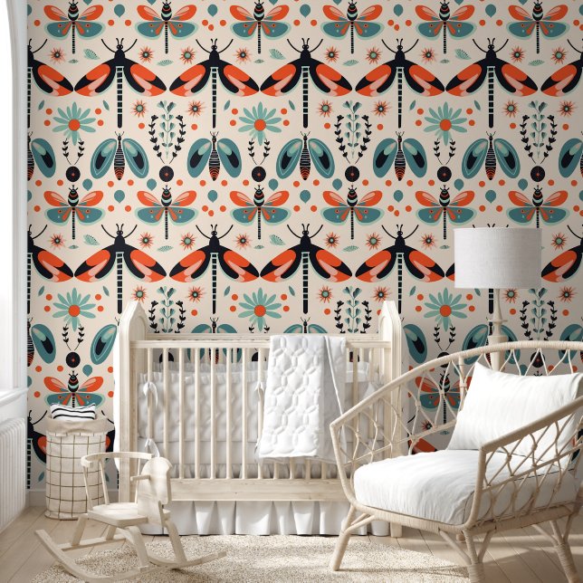 Cute Bright Folk Art Dragonfly Insect Bug Pattern  Wallpaper (Kids)