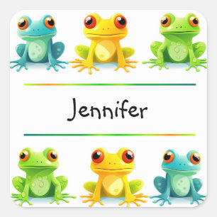 Cute Bright Frogs in a Row Name Square Sticker