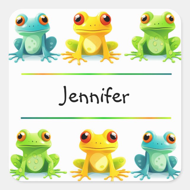 Cute Bright Frogs in a Row Name Square Sticker (Front)