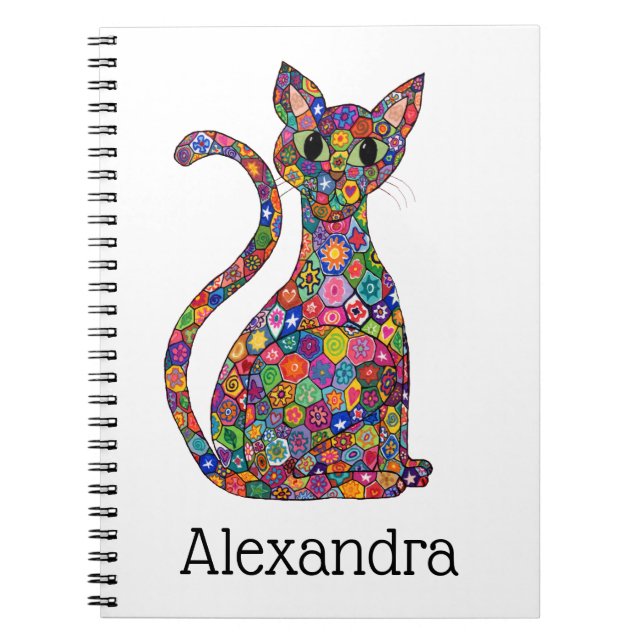 Cute Bright Geometric Pattern Cat Monogram Name Notebook (Front)