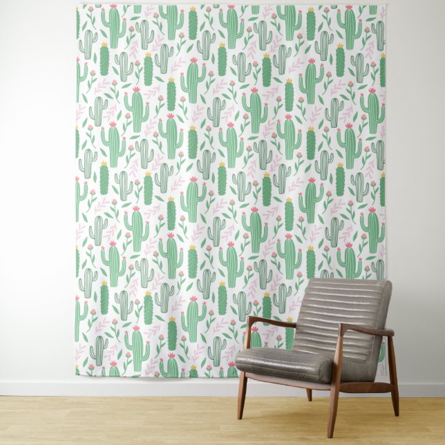 Cute Bright Green Desert Cactus Pattern Tapestry (In Situ)