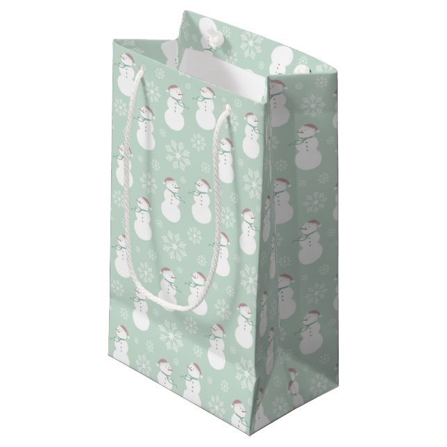 Cute bright green pattern snowman Christmas party Small Gift Bag (Front Angled)