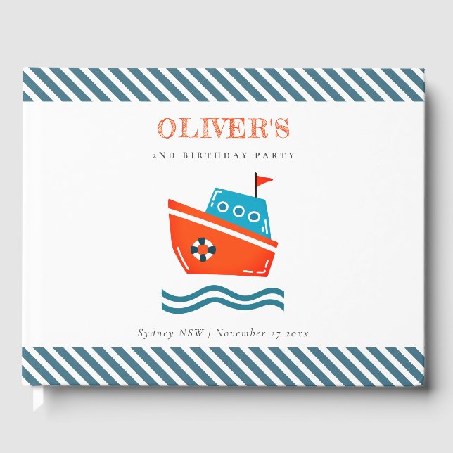 Cute Bright Kids Nautical Boat Any Age Birthday Guest Book (Front)