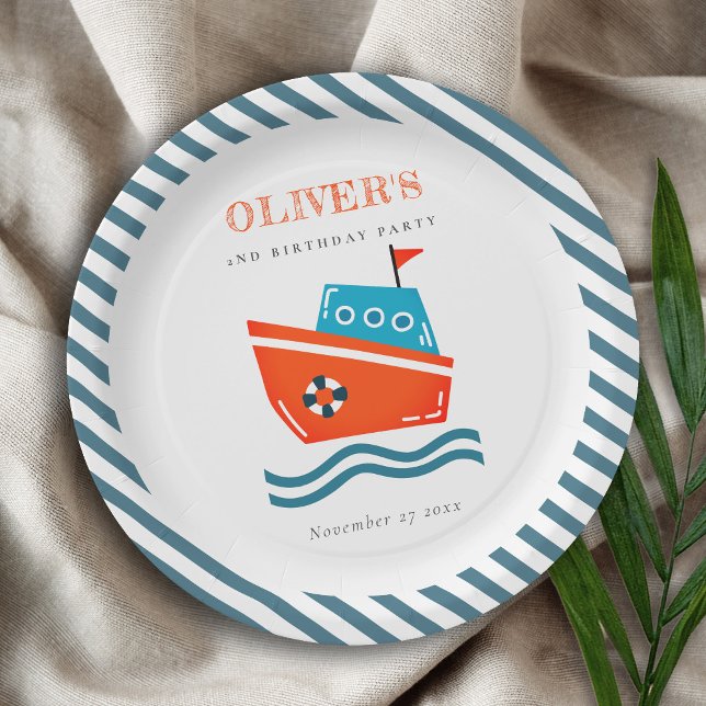 Cute Bright Kids Nautical Boat Any Age Birthday  Paper Plate (Creator Uploaded)