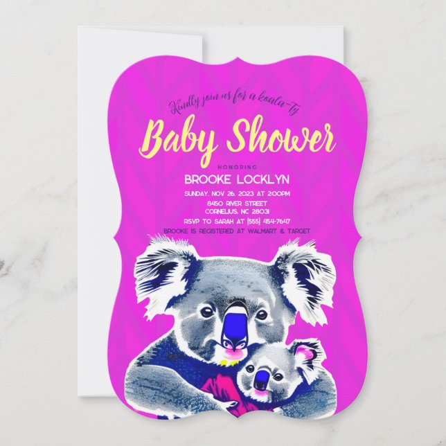 Cute Bright Neon Pink Mum and Baby Koalas Shower  Invitation (Front)