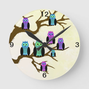 Cute Bright Owls Round Clock