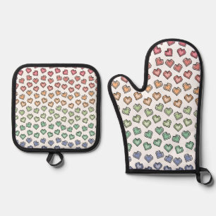 Cute Bright Pastel Rainbow Gemstone Heart pattern Oven Mitt & Pot Holder Set