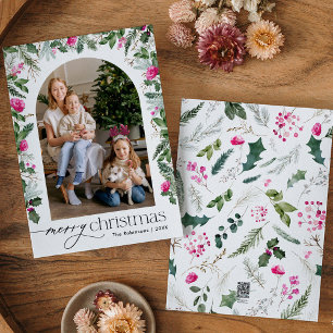 Cute Bright Pink Botanical Greenery Arch 1 Photo Holiday Card