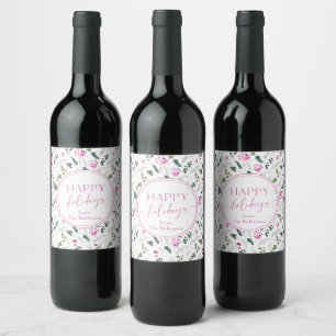 Cute Bright Pink Botanical Happy Holidays Wine Label