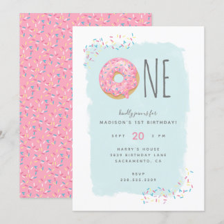 Cute Bright Pink Doughnut Sprinkle 1st Birthday Invitation