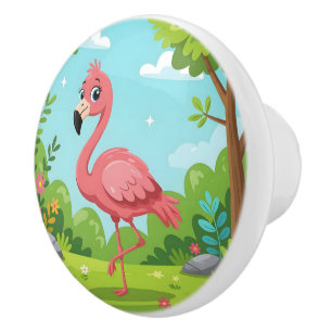 Cute bright pink flamingo in garden ceramic knob