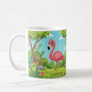 Cute bright pink flamingo in garden coffee mug