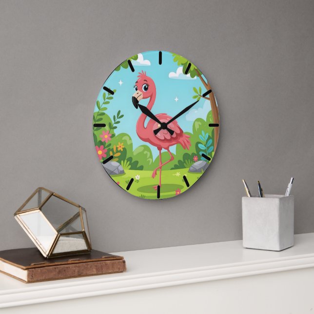 Cute bright pink flamingo in garden large clock (Office)