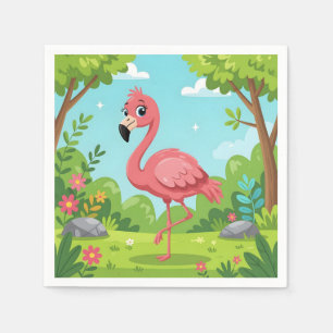 Cute bright pink flamingo in garden napkin