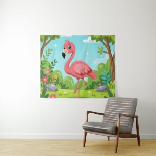 Cute bright pink flamingo in garden tapestry