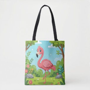 Cute bright pink flamingo in garden tote bag