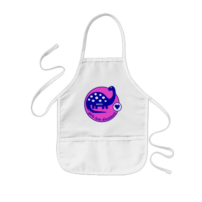 CUTE BRIGHT PINK GIRL DINOSAUR | CUSTOMIZABLE DINO KIDS APRON (Front)