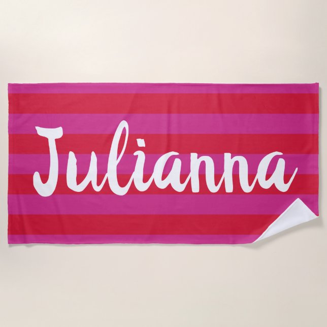 Cute Bright Pink Red Wide Stripes Personalised Beach Towel (Front)