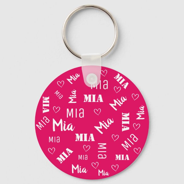 Cute Bright Pink Word Art Cloud Heart Name Custom Key Ring (Front)