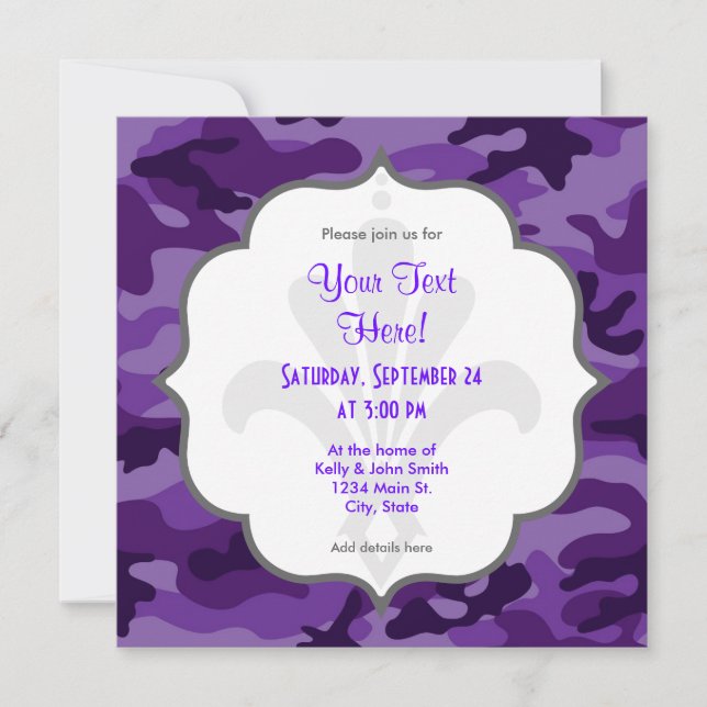 Cute Bright Purple Camo, Camouflage Invitation (Front)