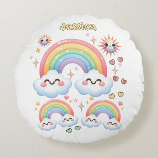 Cute Bright Rainbow Clouds Round Cushion