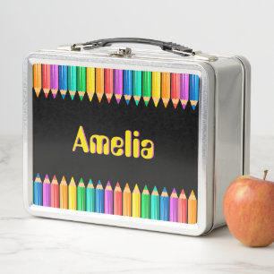 Cute Bright Rainbow Colours Pencils Kids Name Metal Lunch Box