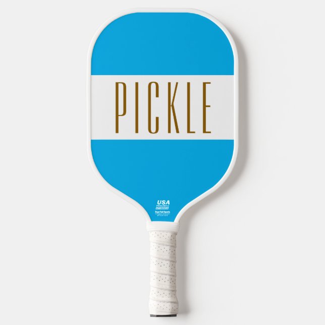 Cute Bright Sky Blue White PICKLE Stripes Text Pickleball Paddle (Front)