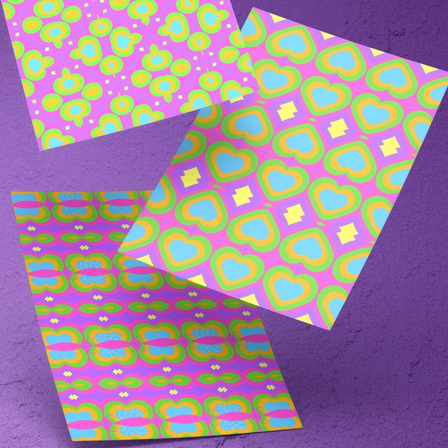 Cute Brightly Coloured  Wrapping Paper Sheet (Brightly colored hand drawn motif will cover your gifts or projects with hearts, butterflies  & more)