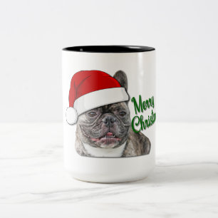 Cute Brindle French Bulldog Puppy Santa Two-Tone Coffee Mug