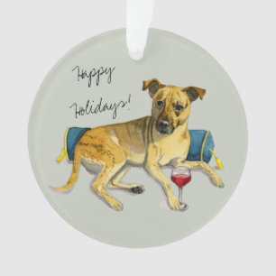 Cute Brindle Pit Bull Dog Enjoying Wine Painting Ornament